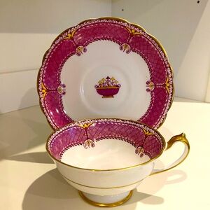 EUC ANTIQUE PARAGON (STAR CHINA Co) TEACUP AND SAUCER WITH RED-BURGUNDY BAND